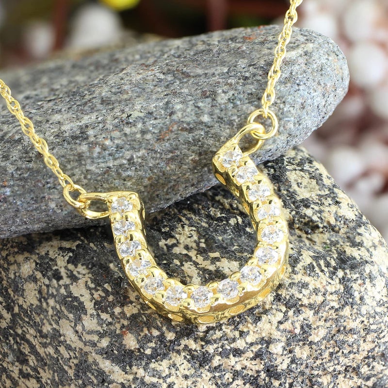 AFFY Horseshoe Pendant Necklace for Women Round Cut Sparkling White Cubic Zirconia Necklace in 14K Yellow Gold Plated 925 Sterling Silver with 18 Inch Rope Chain Jewelry Gift for Her - Image 3